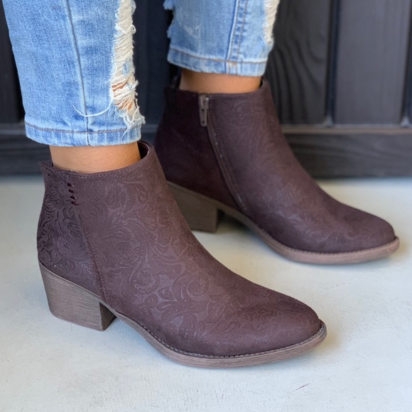 Texas Brown Brocade Floral Embossed Ankle Booties - Picture 1 of 8